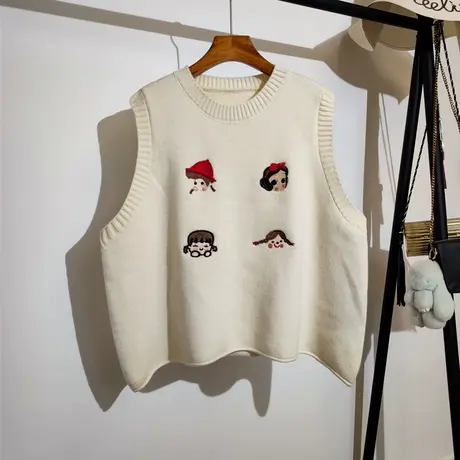 卡通刺绣针织马甲女秋冬新款韩版大码宽松慵懒风无袖毛衣背心外穿商品大图