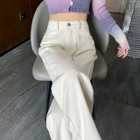 白色阔腿牛仔裤女春秋季2023新款直筒长裤窄版高腰显瘦宽松拖地裤商品大图