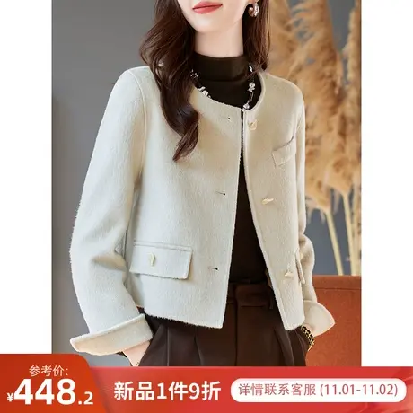 宝诗黎圆领短款羊毛毛呢外套女高级感宽松开衫上衣2023秋冬季新款商品大图