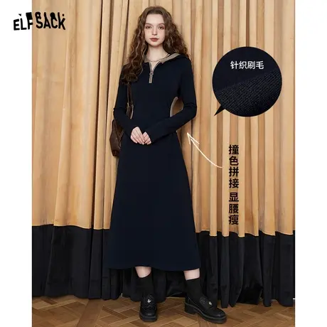 妖精的口袋黑色长袖连衣裙女2023冬季新款撞色设计感显瘦休闲长裙图片