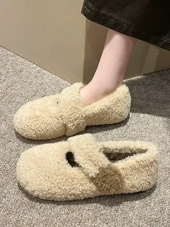 韩版平底玛丽珍毛毛鞋女2023秋冬新款羊羔毛加绒豆豆鞋软底棉瓢鞋商品大图