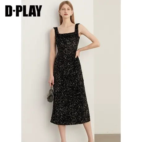 DPLAY2023年冬新方领宽肩黑色重工亮片丝绒鱼尾连衣裙图片