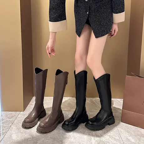 英伦风长筒靴女2023年春秋季新复古时尚百搭瘦瘦靴粗跟v口骑士靴商品大图