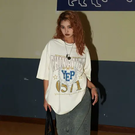 YEP字母印花t恤女短袖夏装2023新款复古情侣半袖宽松oversize上衣商品大图