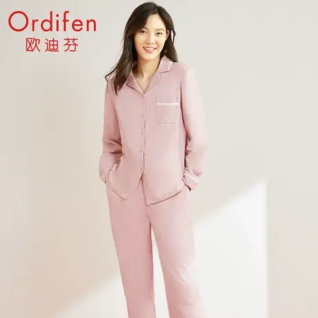 欧迪芬睡衣女新疆棉纯棉翻领长袖家居服套装舒适高级感简约舒适图片