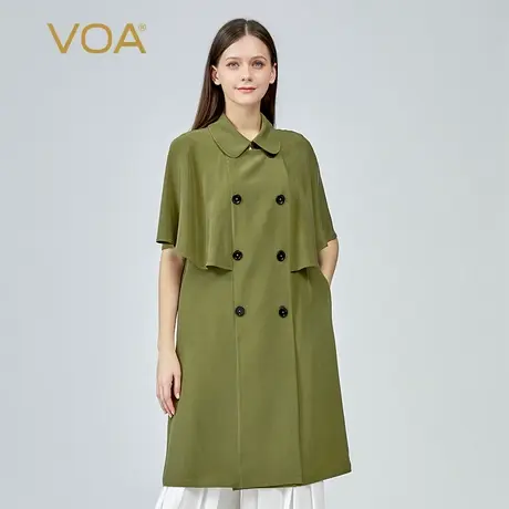 VOA30姆米重磅真丝娃娃领双排扣蝙蝠袖绿色斜插袋做旧桑蚕丝外套商品大图