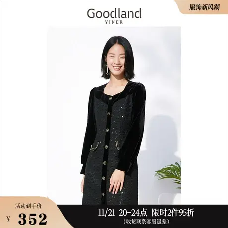 【小香风】Goodland美地女装冬季亮片金丝绒长袖方领连衣裙图片
