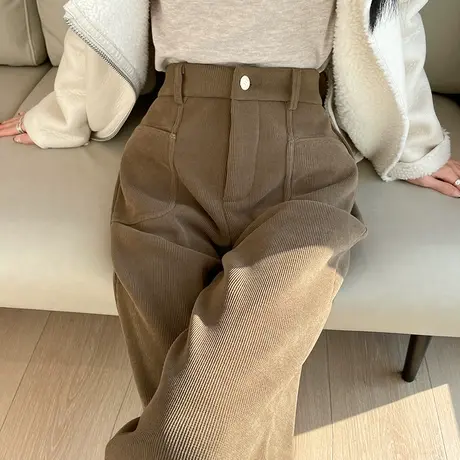 美拉德驼色灯芯绒阔腿裤女冬季加绒窄版高腰宽松直筒雪尼尔拖地裤图片