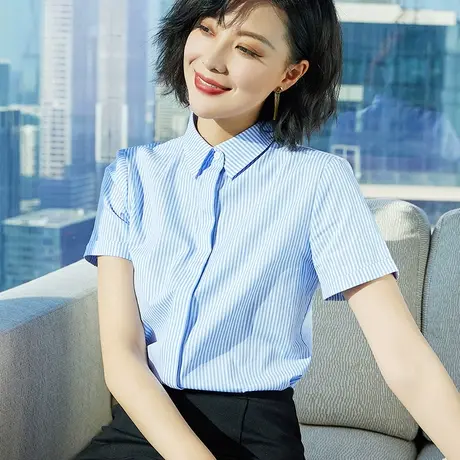 雀后职业衬衫女短袖2023夏装工装上衣正装工作服蓝色纯棉条纹衬衣商品大图