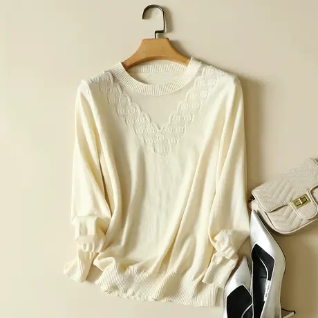 春装2023年新款蕾丝拼接低圆领女士内搭针织显瘦洋气打底衫毛衣女商品大图