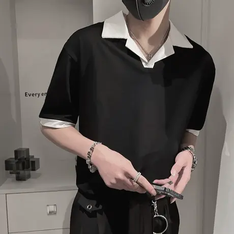 夏季男士t恤polo衫短袖翻领宽松半袖拼色领潮流潮牌纯色个性体恤商品大图