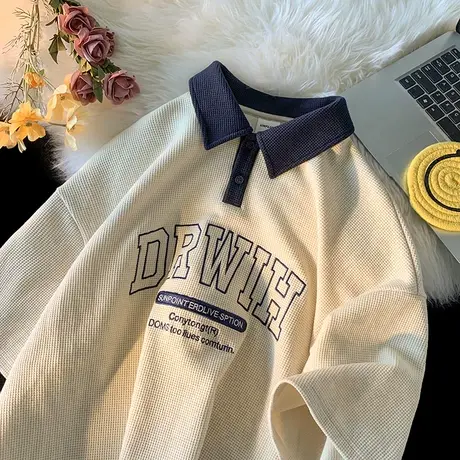 美式polo衫短袖T恤男夏季复古港风潮流衣服男ins撞色宽松潮牌上衣商品大图