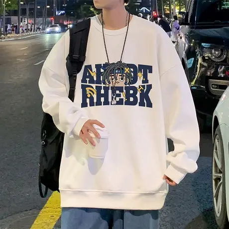 发泡印花美式复古卫衣男春秋季新款长袖打底oversize潮牌内搭圆领商品大图