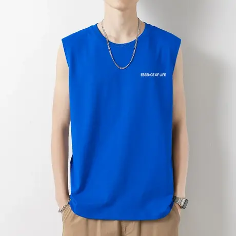 克莱因蓝纯棉背心男士夏季健身篮球运动坎肩字母印花宽肩无袖t恤商品大图