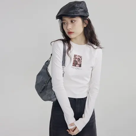 尔给修身白色打底衫初秋薄款别致小众长袖正肩短款上衣女2023新款商品大图
