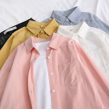 2020春秋季新款韩版外穿纯色棉衬衫女长袖文艺宽松百搭中长款衬衣商品大图