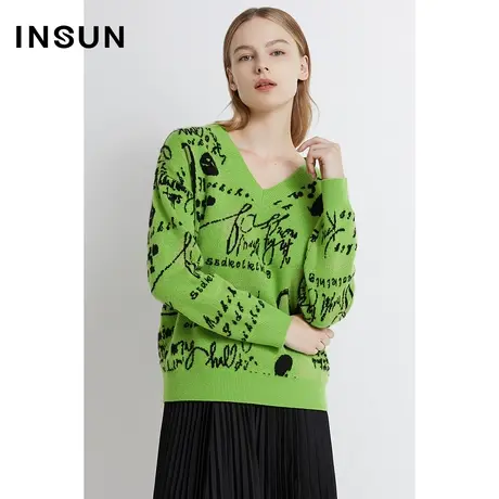 INSUN恩裳线上专选冬季几何V领休闲羊毛毛织衫商品大图