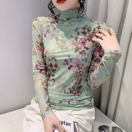 打底衫女春秋2024新款气质妈妈装ins性感网纱T恤长袖印花高领上衣商品大图