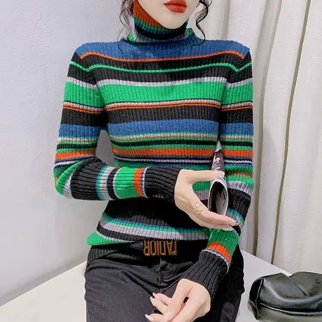 高领条纹毛衣女秋冬2023新款内搭加厚针织打底衫气质显瘦长袖上衣图片