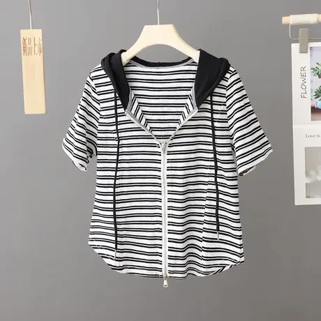 夏季连帽条纹短款外套女薄款开衫小个子上衣短袖休闲显瘦百搭小衫商品大图