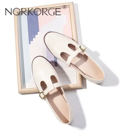 2023新款春秋复古仙女风百搭米白色JK单鞋女鞋真皮圆头粗跟平底鞋商品大图