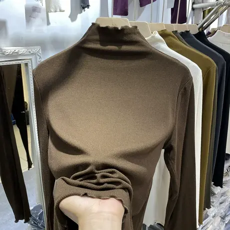 半高领木耳边长袖t恤女新2023年秋季新款修身打底衫内搭螺纹上衣图片