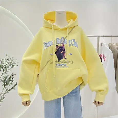 斗牛犬印花宽松连帽卫衣女2023春秋新款休闲慵懒风长袖帽衫外套商品大图