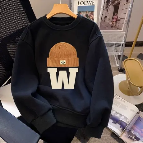 山东即墨hiphop潮牌复古卫衣女冬大码加绒加厚ins潮黑色圆领上衣图片