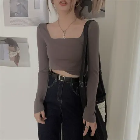 方领露锁骨长袖t恤女修身显瘦内搭高腰短款露脐紧身打底衫上衣潮商品大图