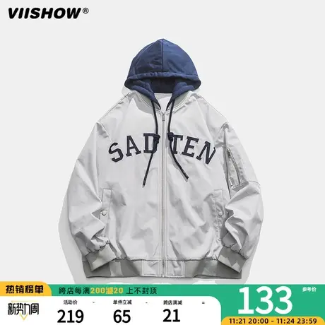VIISHOW春秋季潮牌字母刺绣棒球服假两件夹克男女情侣宽松外套商品大图