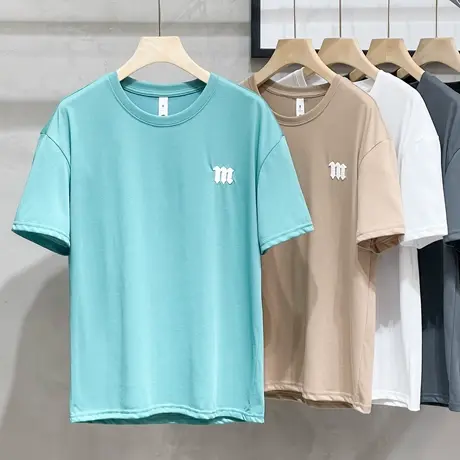 夏季美式休闲潮流男韩版百搭宽松冰丝刺绣短袖T恤休闲圆领打底衫商品大图