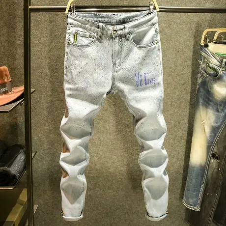 灰色烫钻印花牛仔裤男士潮牌修身小脚2025新款高端弹力休闲长裤子商品大图