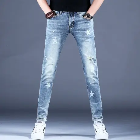 男士破洞印花牛仔裤男款弹力高端潮牌裤子男休闲修身小脚2023新款商品大图