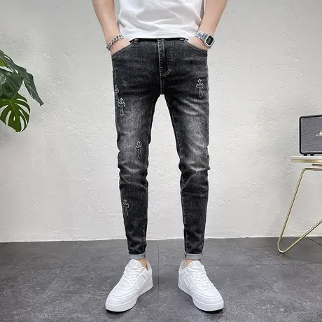 秋冬2023新款男士牛仔裤潮牌男款黑色休闲长裤复古猫须做旧裤子男商品大图