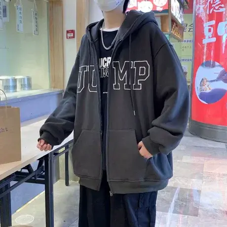 重磅美式夹克外套男生2023新款春秋季潮牌情侣装宽松连帽开衫卫衣商品大图