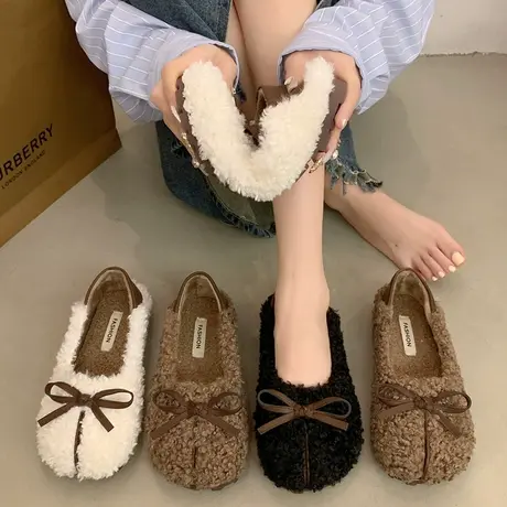 毛毛鞋女冬外穿加绒潮流平底秋冬2023年新款毛绒一脚蹬豆豆棉瓢鞋商品大图