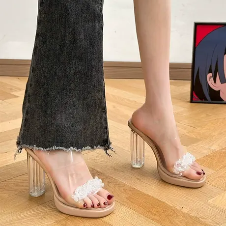 透明高跟凉鞋女夏季女鞋法式水晶粗跟小众高级感水钻凉拖鞋女外穿图片