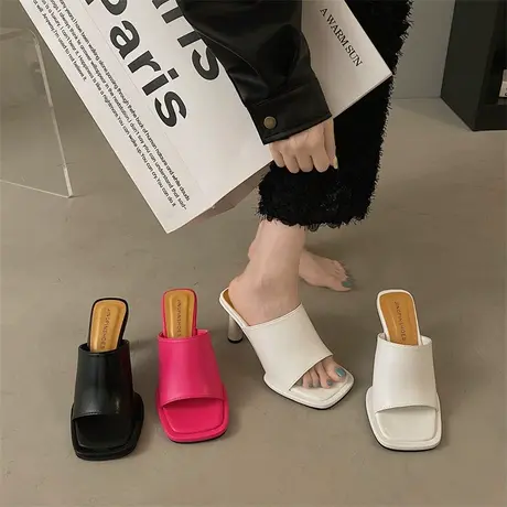 网红拖鞋女外穿2023年夏季新款时尚百搭洋气纯色细跟超高跟一字拖图片