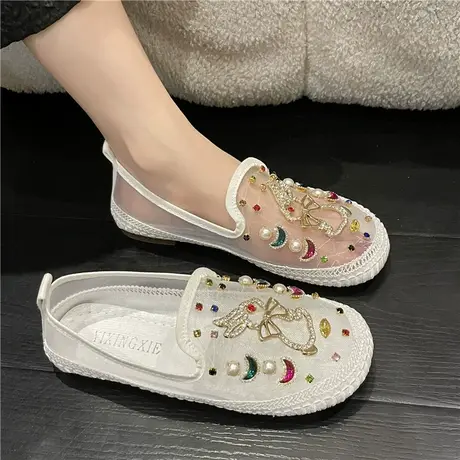 网纱包头平底外穿凉拖女夏2024新款彩钻刺绣无后跟懒人半拖渔夫鞋商品大图