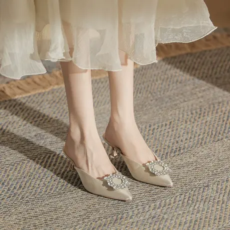 法式高跟拖鞋女2024夏季新款性感水钻方扣细跟仙女风百搭包头凉鞋商品大图