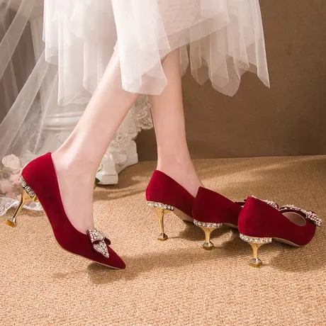 婚鞋新娘鞋法式2023年春秋新款细跟秀禾婚纱两穿红色高跟鞋女结婚商品大图
