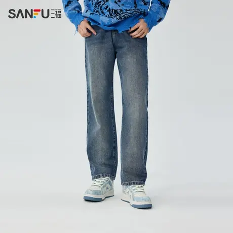 三福2023冬男士复古洗水牛仔裤 潮流绿光蓝宽松直筒长裤476226商品大图