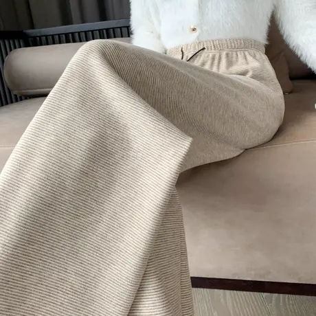 加绒条纹裤子女冬季2023新款直筒长裤家居休闲裤阔腿裤宽松毛呢裤商品大图