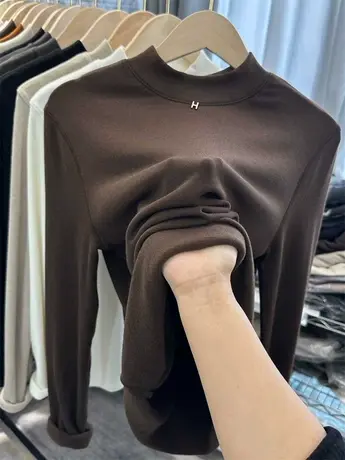 设计感洋气秋冬加绒加厚小高圆领修身T恤女长袖内搭打底衫大码胖M商品大图