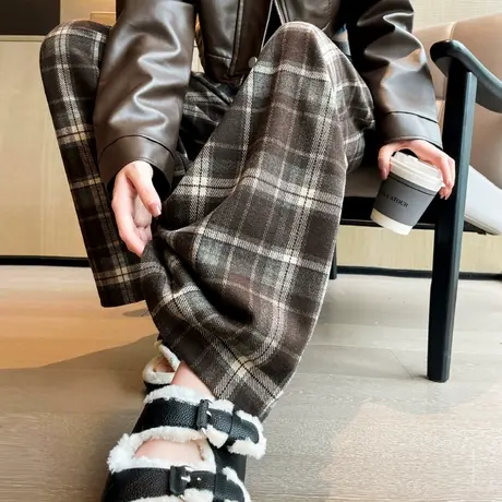 毛呢格子阔腿裤女款秋冬加绒2023新款宽松休闲垂感长裤直筒拖地裤商品大图