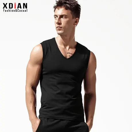 夏季宽肩背心男深大V领无袖t恤纯棉打底紧身修身运动健身砍袖坎肩商品大图