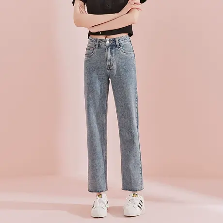 唐狮牛仔裤女宽松直筒裤春秋季新高腰显瘦毛边潮流百搭裤子女商品大图