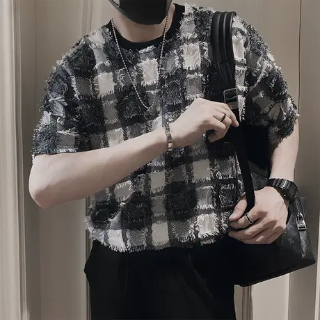 夏季短袖t恤男2023新款磨毛格子休闲设计潮男宽松潮牌半袖上衣T恤商品大图