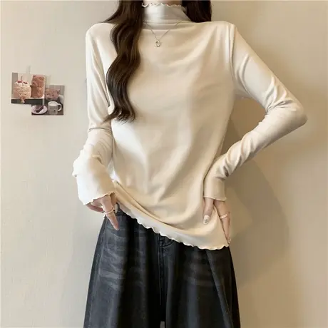 木耳边长袖T恤女秋冬半高领德绒内搭打底衫加厚保暖修身显瘦上衣图片