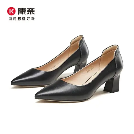 康奈通勤尖头高跟鞋女2025春季新款真皮浅口粗跟女单鞋OL都市女鞋商品大图